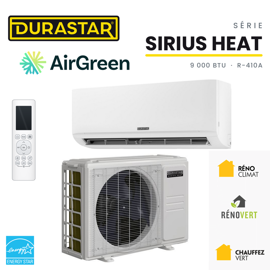 Thermopompe murale DURASTAR Sirius Heat 9 000 BTU R-410A avec unité intérieure, unité extérieure, télécommande, logos DuraStar et AirGreen, ENERGY STAR et subventions du Québec