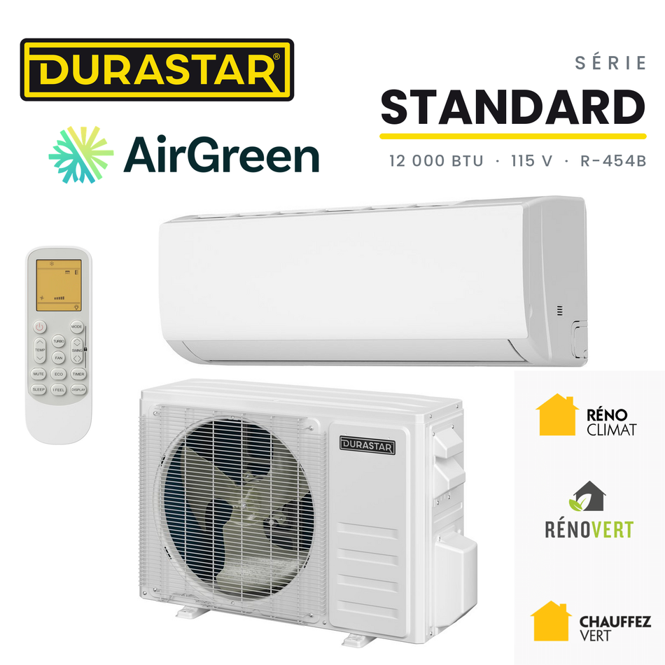 Thermopompe murale DURASTAR Standard 12 000 BTU 115 V R-454B avec unité intérieure, unité extérieure, télécommande, logos DuraStar et AirGreen, et subventions du Québec
