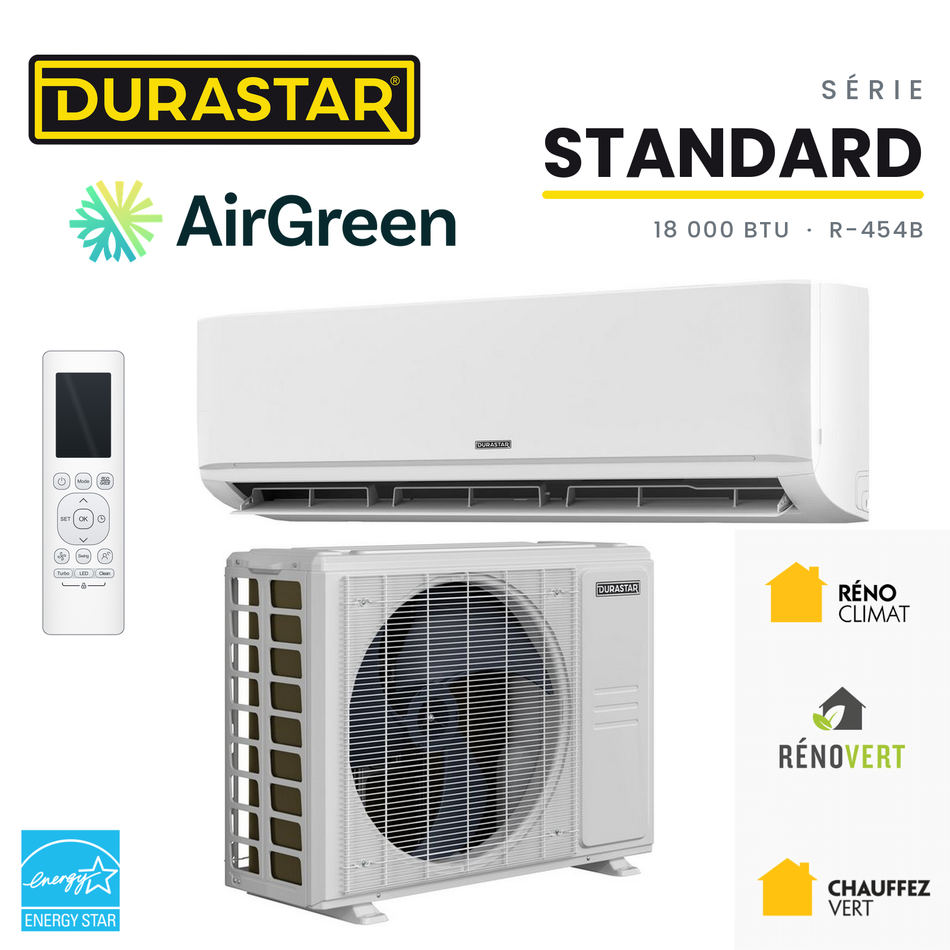 Thermopompe murale DURASTAR Standard 18 000 BTU R-454B avec unité intérieure, unité extérieure, télécommande, logos DuraStar et AirGreen, ENERGY STAR et subventions du Québec