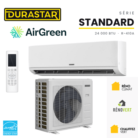 Thermopompe murale DURASTAR Standard 24 000 BTU R-410A avec unité intérieure, unité extérieure, télécommande, logos DuraStar et AirGreen, ENERGY STAR et subventions du Québec