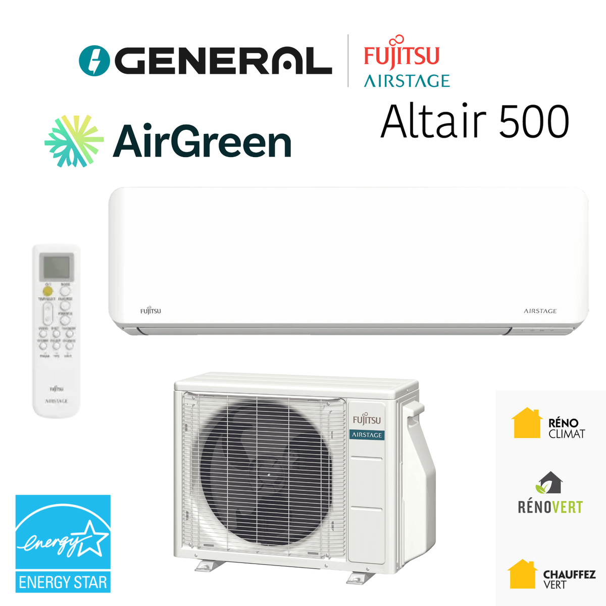 Thermopompe murale GENERAL AIRSTAGE ALTAIR 500 9 000 BTU – carte principale | Montréal, Laval, Longueuil, Rive-Sud, Rive-Nord