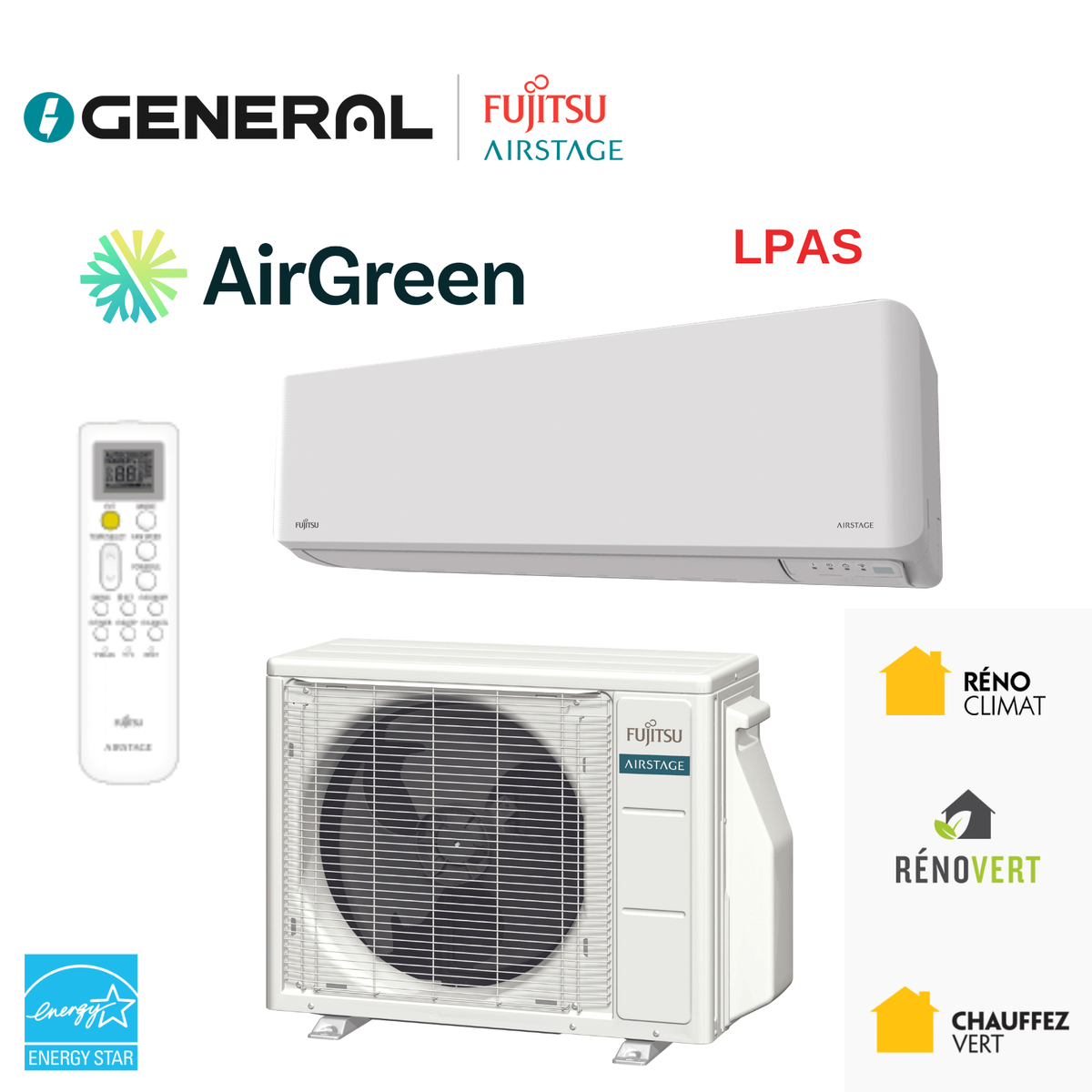 Thermopompe murale GENERAL AIRSTAGE LPAS 9 000 BTU – carte principale | Montréal, Laval, Longueuil, Rive-Sud, Rive-Nord