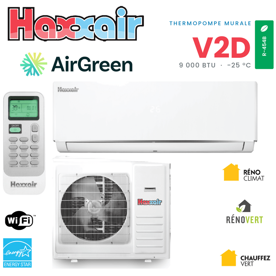 Thermopompe murale HAXXAIR V2D R-454B 9 000 BTU — installation par AirGreen, Montréal, Laval, Longueuil, Rive-Sud et Rive-Nord