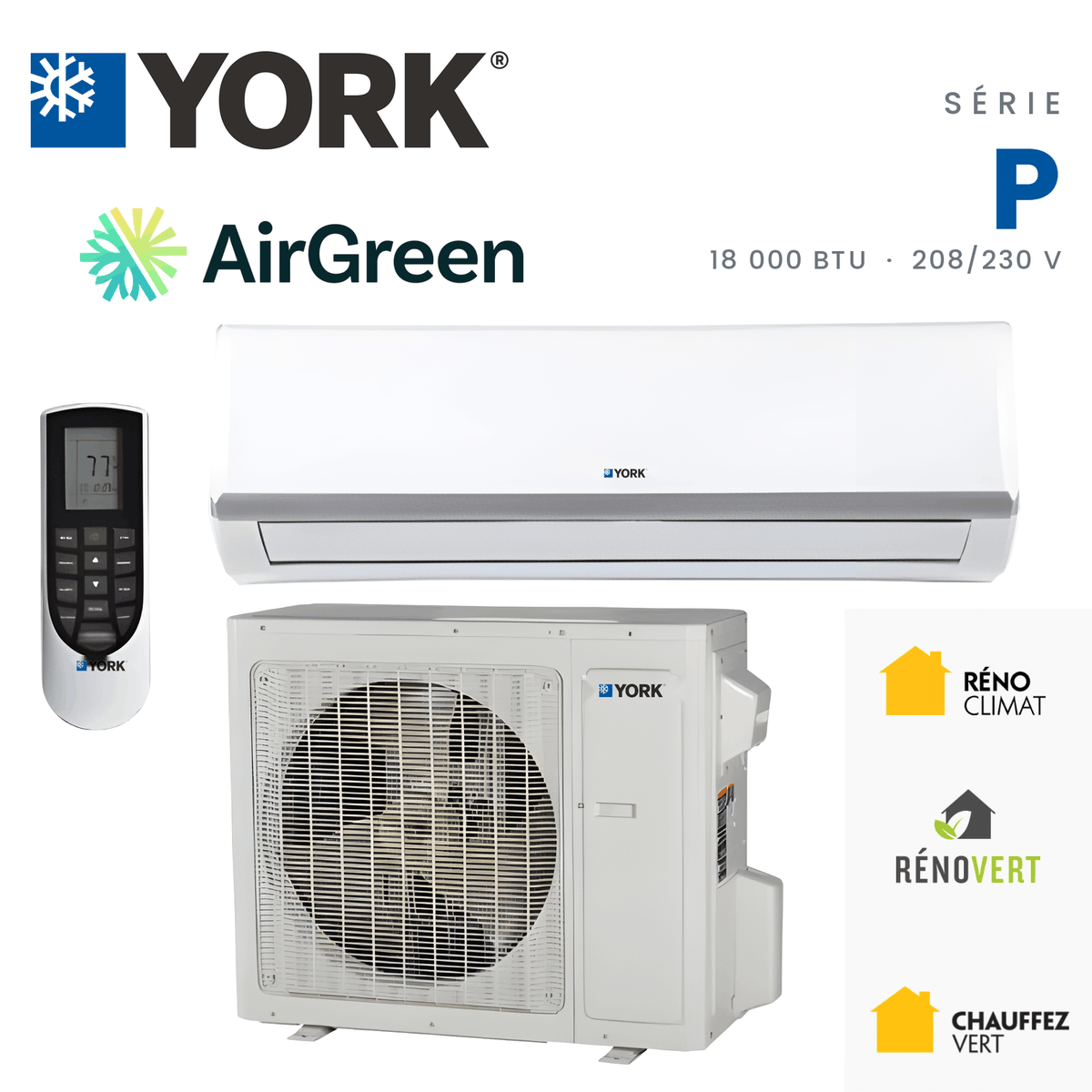 Thermopompe murale YORK Serie P 18 SEER 18000 BTU installee par AirGreen a Montreal, Laval, Longueuil, Rive-Sud et Rive-Nord