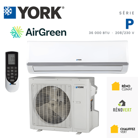 Thermopompe murale YORK Serie P 18 SEER 36000 BTU installee par AirGreen a Montreal, Laval, Longueuil, Rive-Sud et Rive-Nord