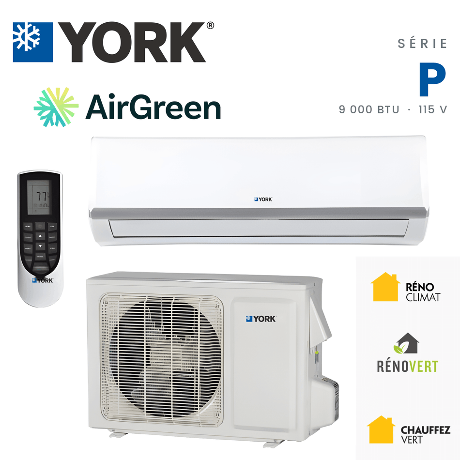 Thermopompe murale YORK Serie P 18 SEER 9000 BTU 115V installee par AirGreen a Montreal, Laval, Longueuil, Rive-Sud et Rive-Nord