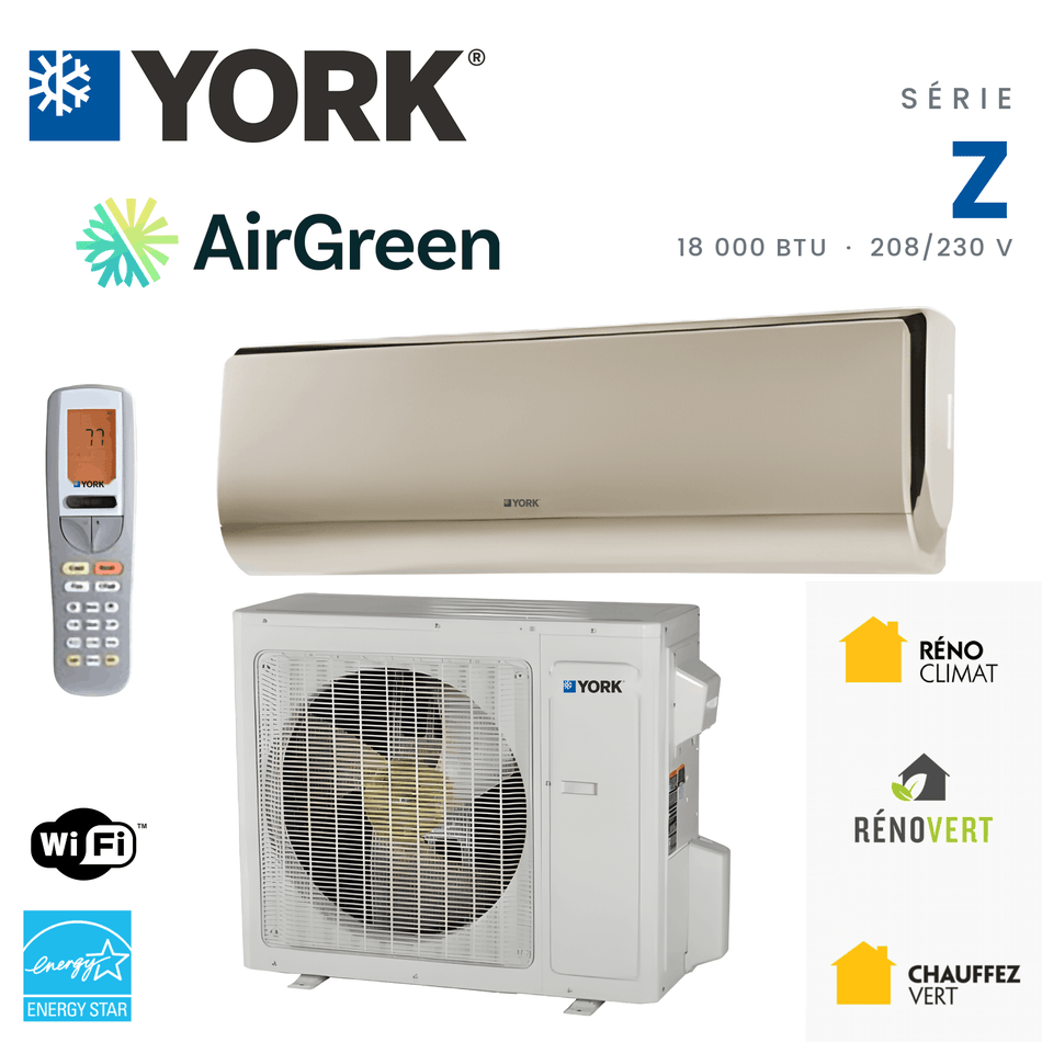 Thermopompe murale YORK Serie Z 28 SEER 18000 BTU installee par AirGreen a Montreal, Laval, Longueuil, Rive-Sud et Rive-Nord