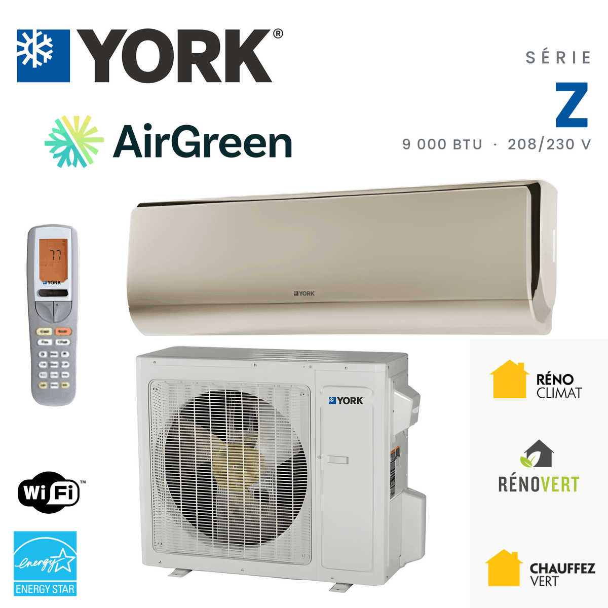 Thermopompe murale YORK Serie Z 28 SEER 9000 BTU installee par AirGreen a Montreal, Laval, Longueuil, Rive-Sud et Rive-Nord