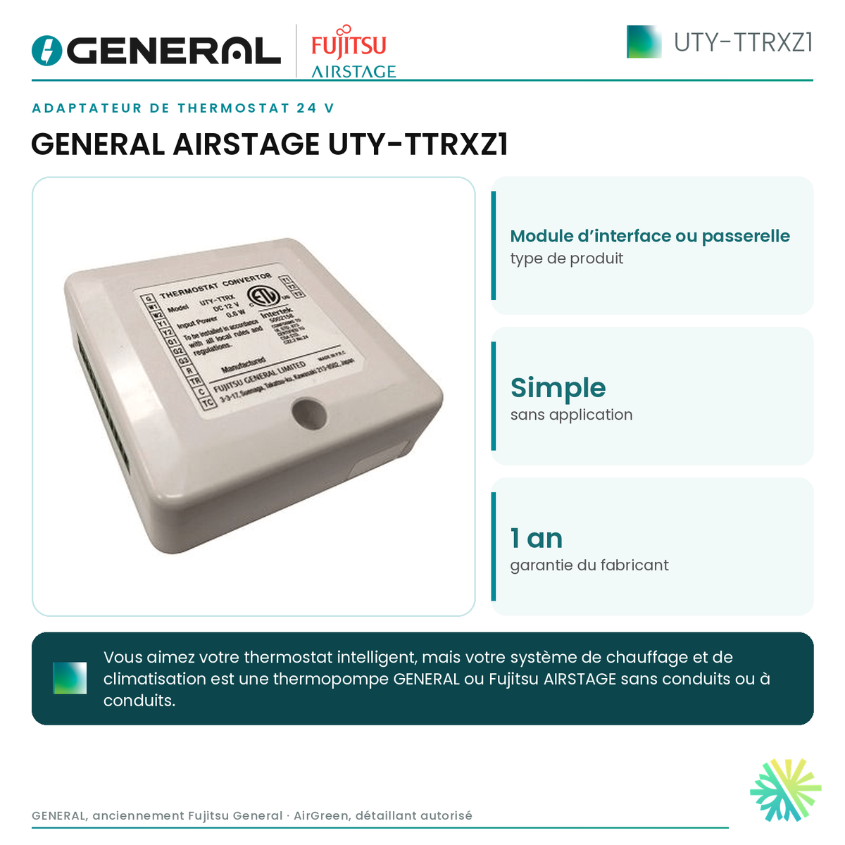 Adaptateur de thermostat 24 V GENERAL AIRSTAGE UTY-TTRXZ1 – caractéristiques | Montréal, Laval, Longueuil, Rive-Sud, Rive-Nord