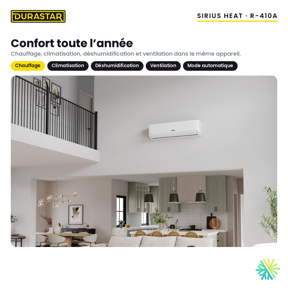 Thermopompe murale DURASTAR Sirius Heat 9 000 BTU R-410A : chauffage, climatisation, déshumidification et ventilation toute l’année