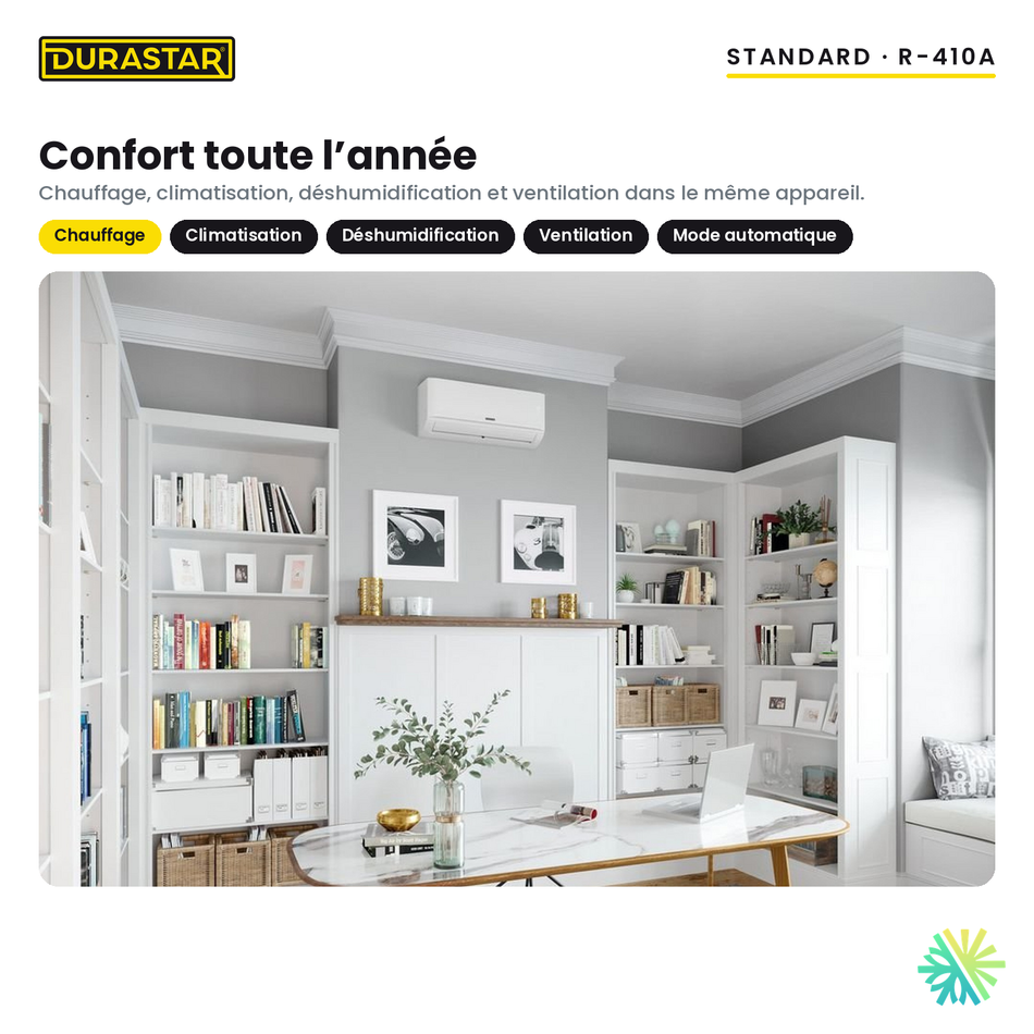 Thermopompe murale DURASTAR Standard 12 000 BTU R-410A : chauffage, climatisation, déshumidification et ventilation toute l’année