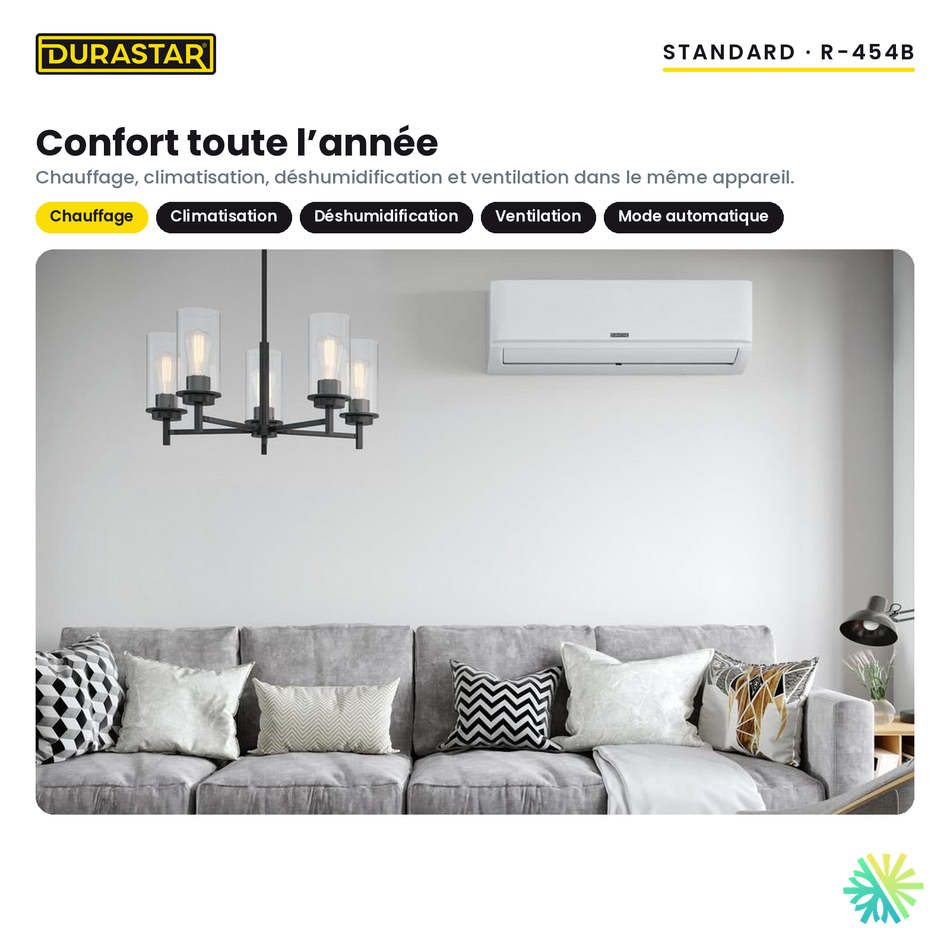 Thermopompe murale DURASTAR Standard 12 000 BTU R-454B : chauffage, climatisation, déshumidification et ventilation toute l’année