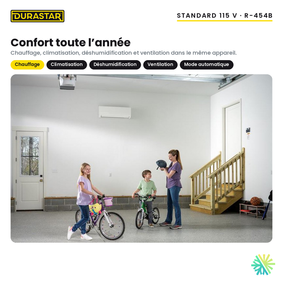 Thermopompe murale DURASTAR Standard 9 000 BTU 115 V R-454B : chauffage, climatisation, déshumidification et ventilation toute l’année