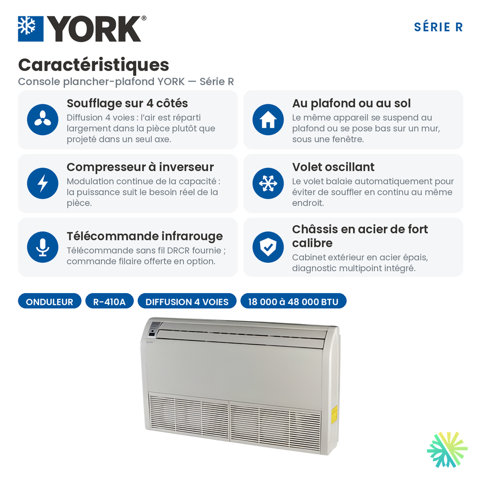 Caractéristiques de la console plancher-plafond YORK Série R 42 000 BTU : diffusion 4 voies, compresseur à inverseur, volet oscillant