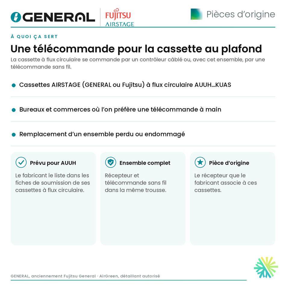 Ensemble récepteur IR avec télécommande sans fil (cassette à flux circulaire) GENERAL AIRSTAGE – UTY-LBTUC – à quoi ça sert | Montréal, Laval, Longueuil, Rive-Sud, Rive-Nord