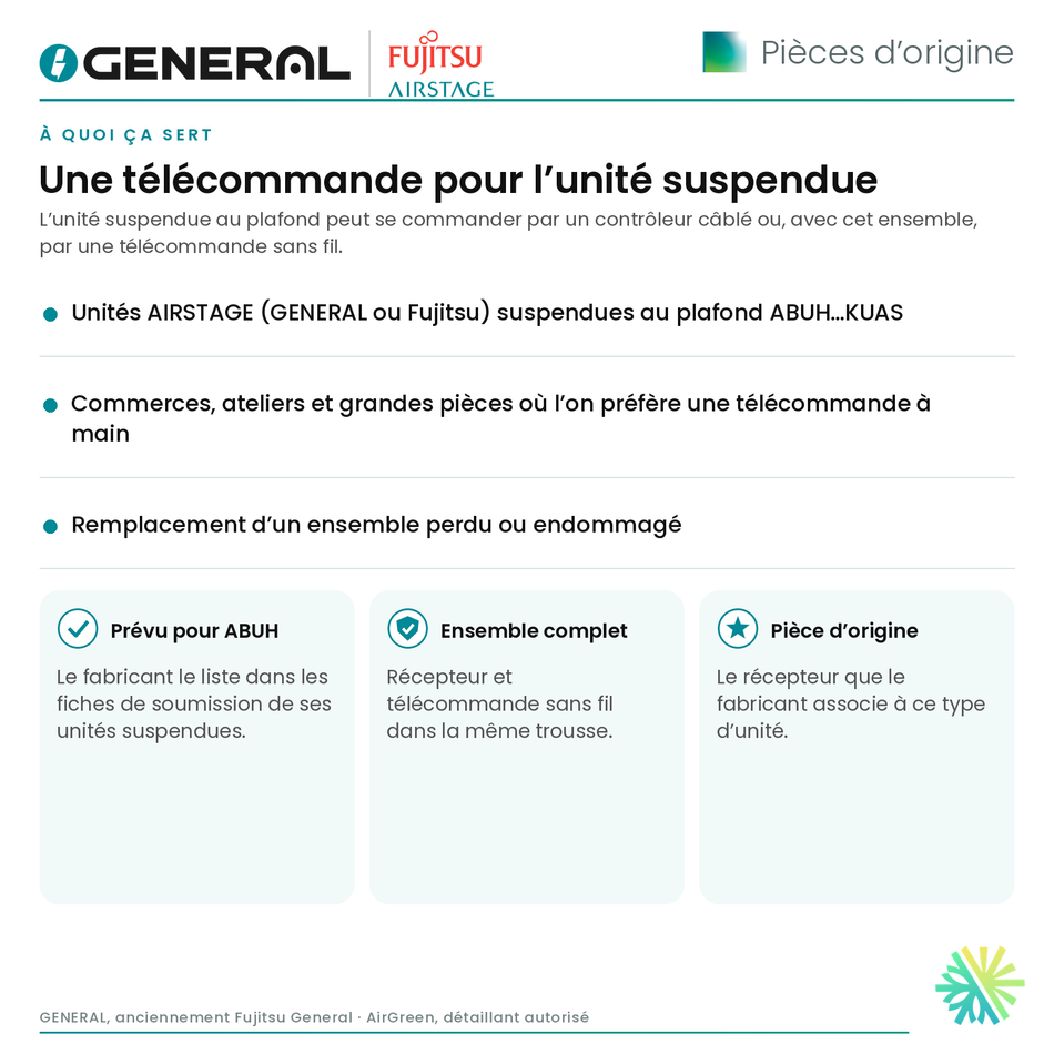 Ensemble récepteur IR avec télécommande sans fil (unité suspendue au plafond) GENERAL AIRSTAGE – UTY-LBTUH – à quoi ça sert | Montréal, Laval, Longueuil, Rive-Sud, Rive-Nord