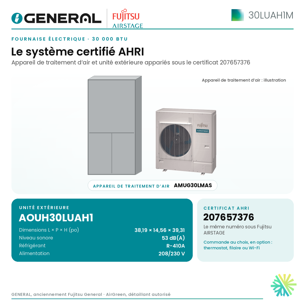 Fournaise électrique GENERAL AIRSTAGE 30LUAH1M 30 000 BTU – système certifié AHRI (unité intérieure et unité extérieure) | Montréal, Laval, Longueuil, Rive-Sud, Rive-Nord
