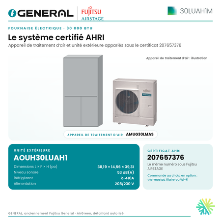Fournaise électrique GENERAL AIRSTAGE 30LUAH1M 30 000 BTU – système certifié AHRI (unité intérieure et unité extérieure) | Montréal, Laval, Longueuil, Rive-Sud, Rive-Nord