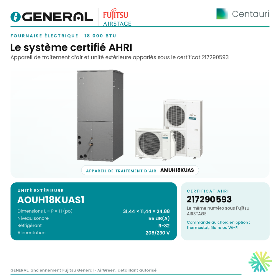 Fournaise électrique GENERAL AIRSTAGE Centauri 18 000 BTU – système certifié AHRI (unité intérieure et unité extérieure) | Montréal, Laval, Longueuil, Rive-Sud, Rive-Nord