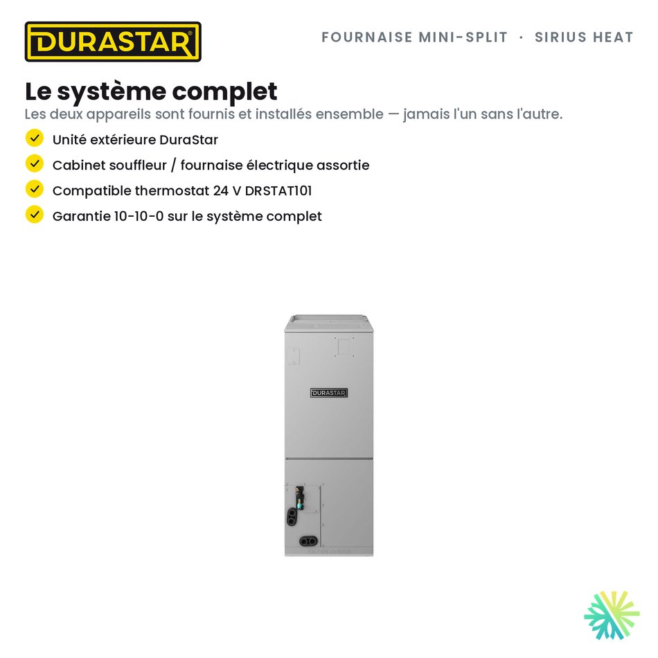 Fournaise Électrique Mini-Split DURASTAR Sirius Heat | 2 Tonnes - 24000 BTU - R454B — le système complet | AirGreen