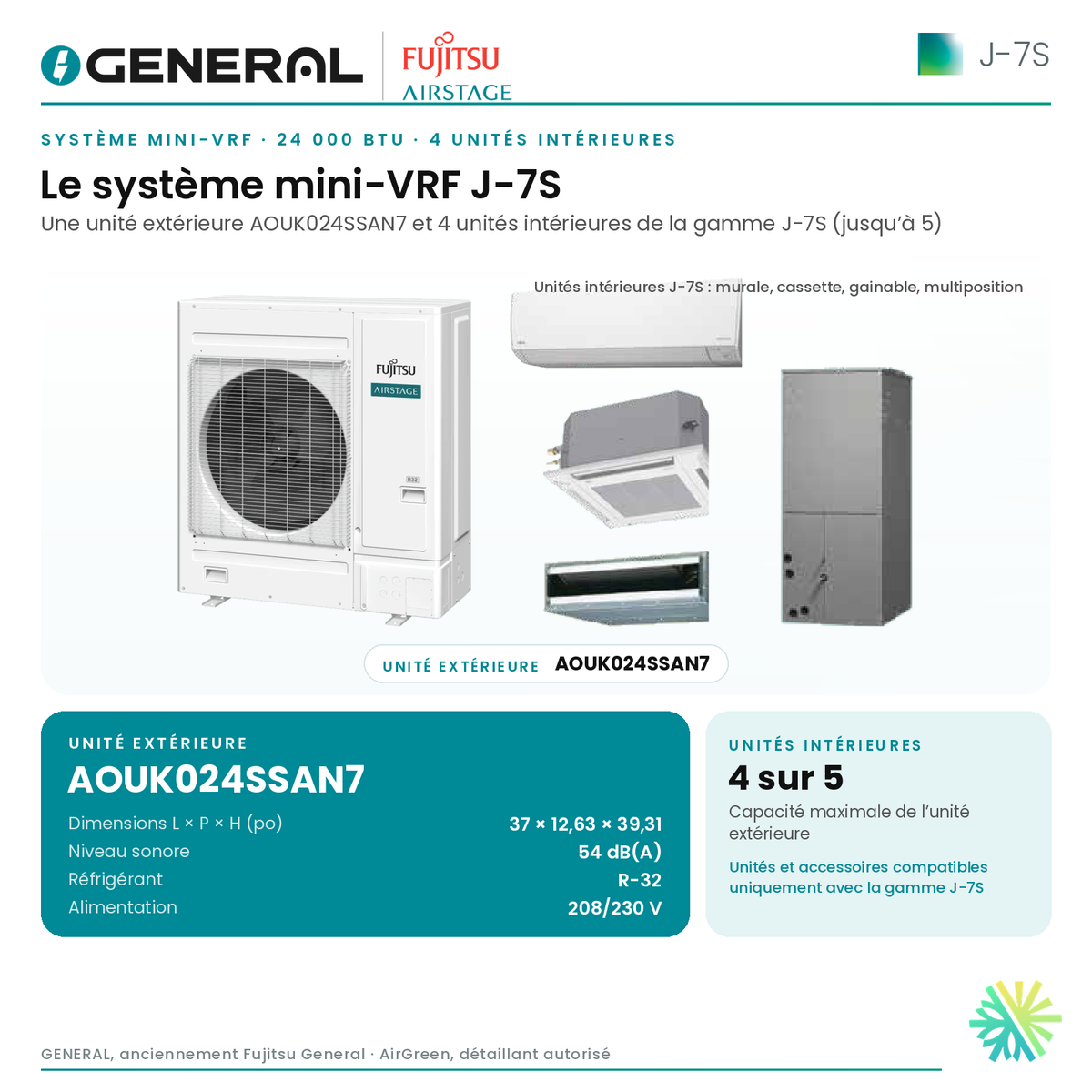 Système mini-VRF GENERAL AIRSTAGE J-7S 24 000 BTU, 4 unités intérieures – le système J-7S (unité extérieure et unités intérieures) | Montréal, Laval, Longueuil, Rive-Sud, Rive-Nord