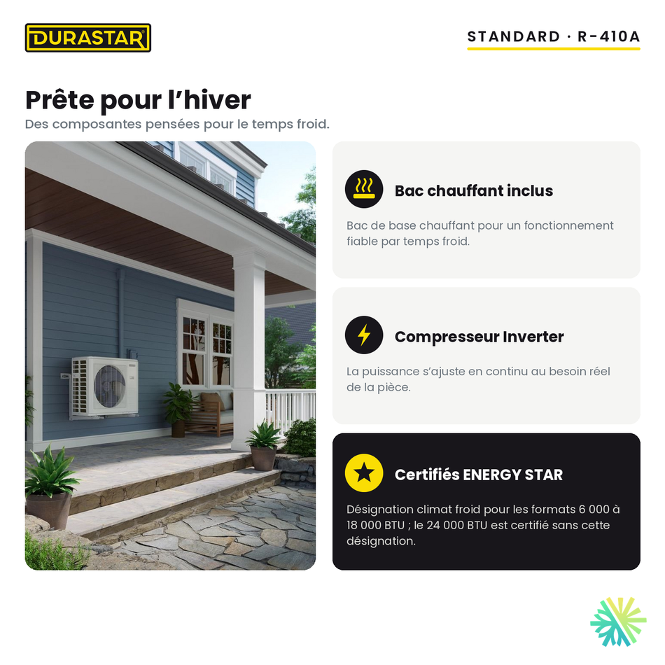 Thermopompe murale DURASTAR Standard 9 000 BTU R-410A prête pour l’hiver : bac chauffant inclus, compresseur Inverter et désignation climat froid ENERGY STAR