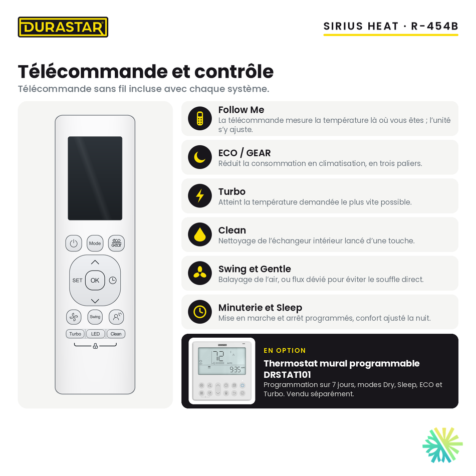 Télécommande sans fil incluse avec la thermopompe murale DURASTAR Sirius Heat 24 000 BTU R-454B et thermostat mural DRSTAT101 en option