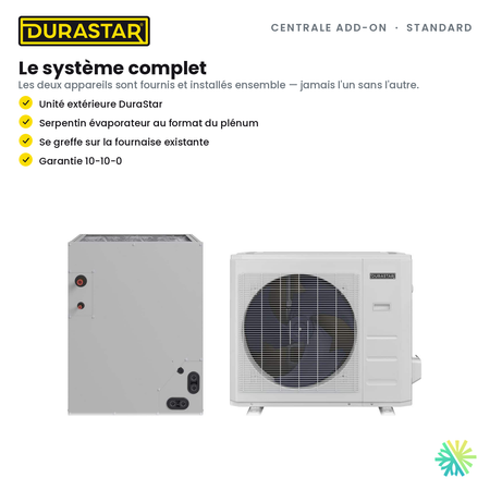 Thermopompe Centrale ADD-ON DURASTAR Standard | 5 Tonnes - 60000 BTU (Serpentin 21,5 po) - R454B — le système complet | AirGreen