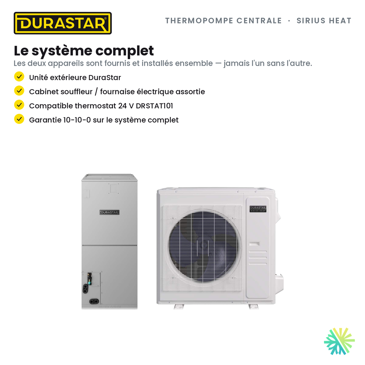 Thermopompe Centrale DURASTAR Sirius Heat | 3.5 Tonnes - 42000 BTU - R454B — le système complet | AirGreen