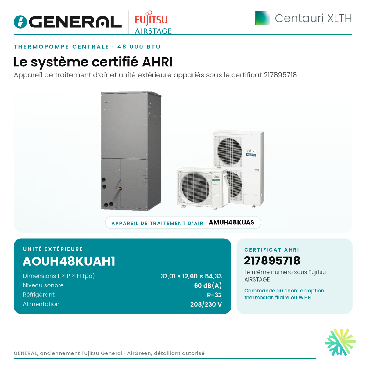 Thermopompe centrale GENERAL AIRSTAGE Centauri XLTH 48 000 BTU – système certifié AHRI (unité intérieure et unité extérieure) | Montréal, Laval, Longueuil, Rive-Sud, Rive-Nord