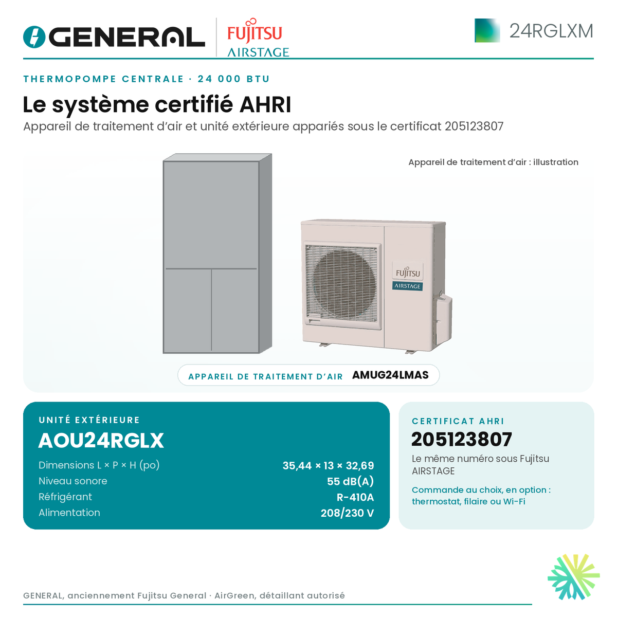 Thermopompe centrale GENERAL AIRSTAGE 24RGLXM 24 000 BTU – système certifié AHRI (unité intérieure et unité extérieure) | Montréal, Laval, Longueuil, Rive-Sud, Rive-Nord