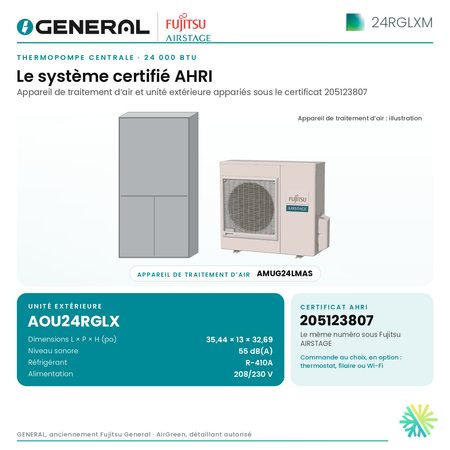 Thermopompe centrale GENERAL AIRSTAGE 24RGLXM 24 000 BTU – système certifié AHRI (unité intérieure et unité extérieure) | Montréal, Laval, Longueuil, Rive-Sud, Rive-Nord