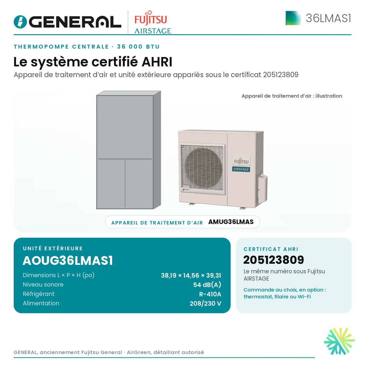 Thermopompe centrale GENERAL AIRSTAGE 36LMAS1 36 000 BTU – système certifié AHRI (unité intérieure et unité extérieure) | Montréal, Laval, Longueuil, Rive-Sud, Rive-Nord