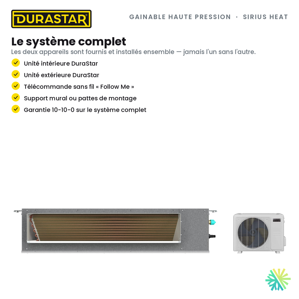 Thermopompe Gainable Haute Pression DURASTAR Sirius Heat | 12000 BTU - R454B — le système complet | AirGreen