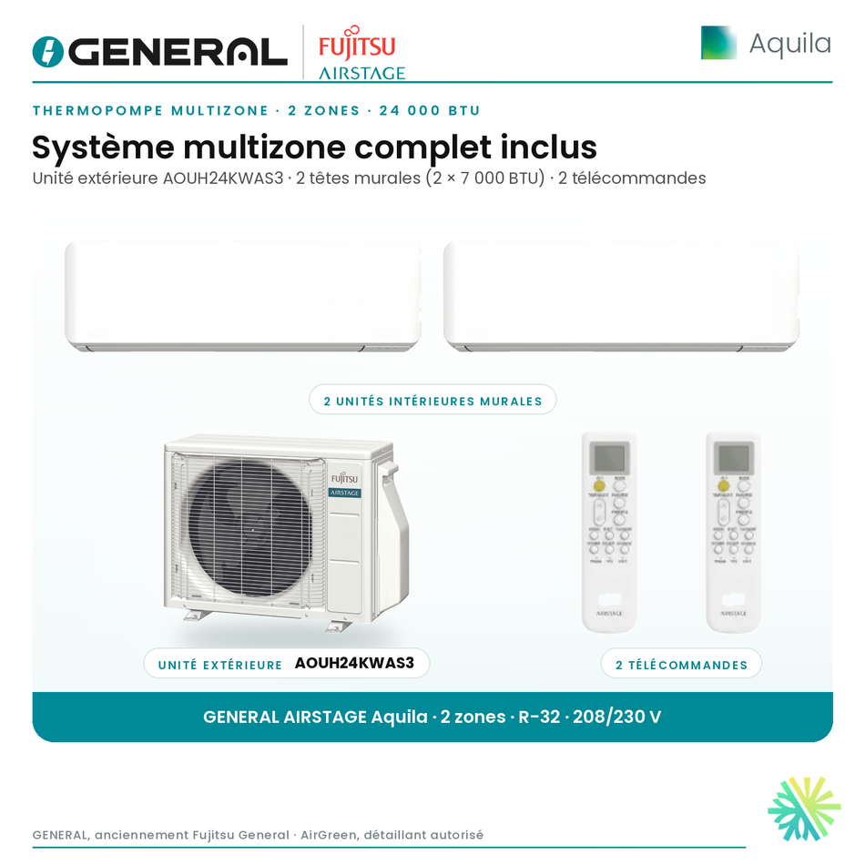 Thermopompe multizone GENERAL AIRSTAGE Aquila 2 zones 24 000 BTU – système multizone complet inclus (têtes murales, unité extérieure, télécommandes) | Montréal, Laval, Longueuil, Rive-Sud, Rive-Nord