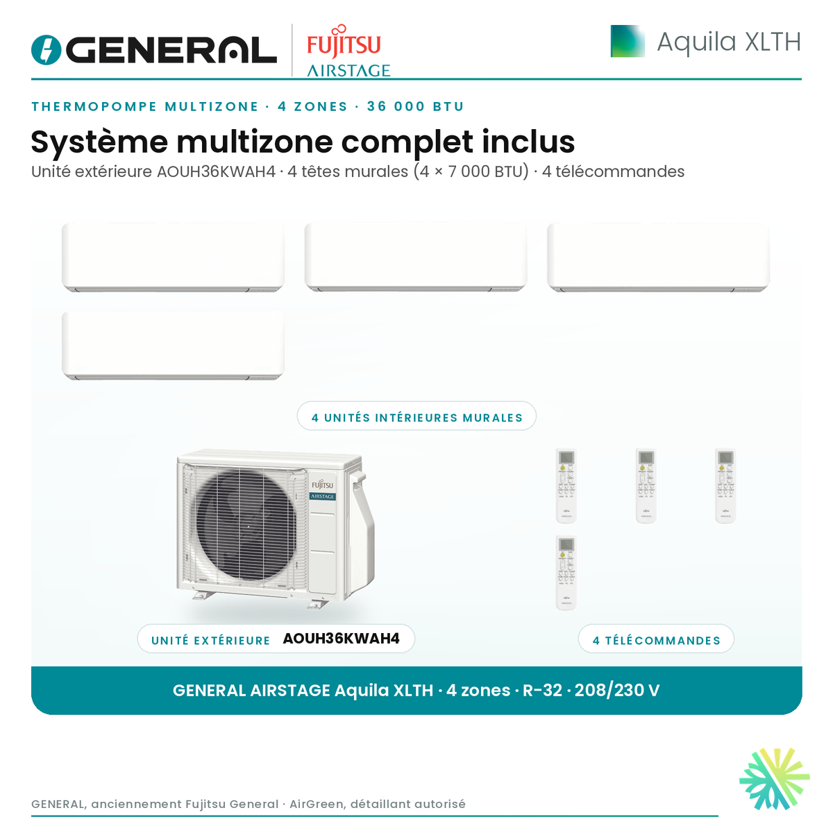 Thermopompe multizone GENERAL AIRSTAGE Aquila XLTH 4 zones 36 000 BTU – système multizone complet inclus (têtes murales, unité extérieure, télécommandes) | Montréal, Laval, Longueuil, Rive-Sud, Rive-Nord