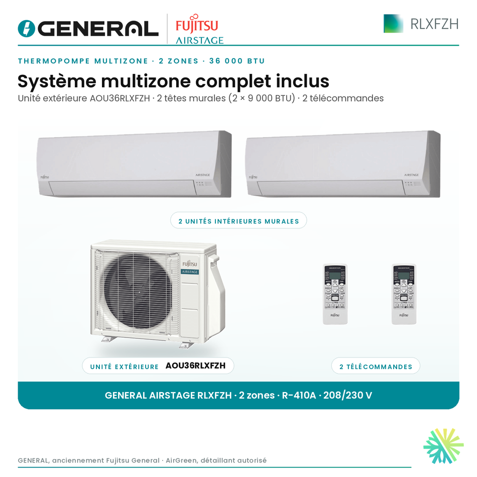 Thermopompe multizone GENERAL AIRSTAGE RLXFZH 2 zones 36 000 BTU – système multizone complet inclus (têtes murales, unité extérieure, télécommandes) | Montréal, Laval, Longueuil, Rive-Sud, Rive-Nord