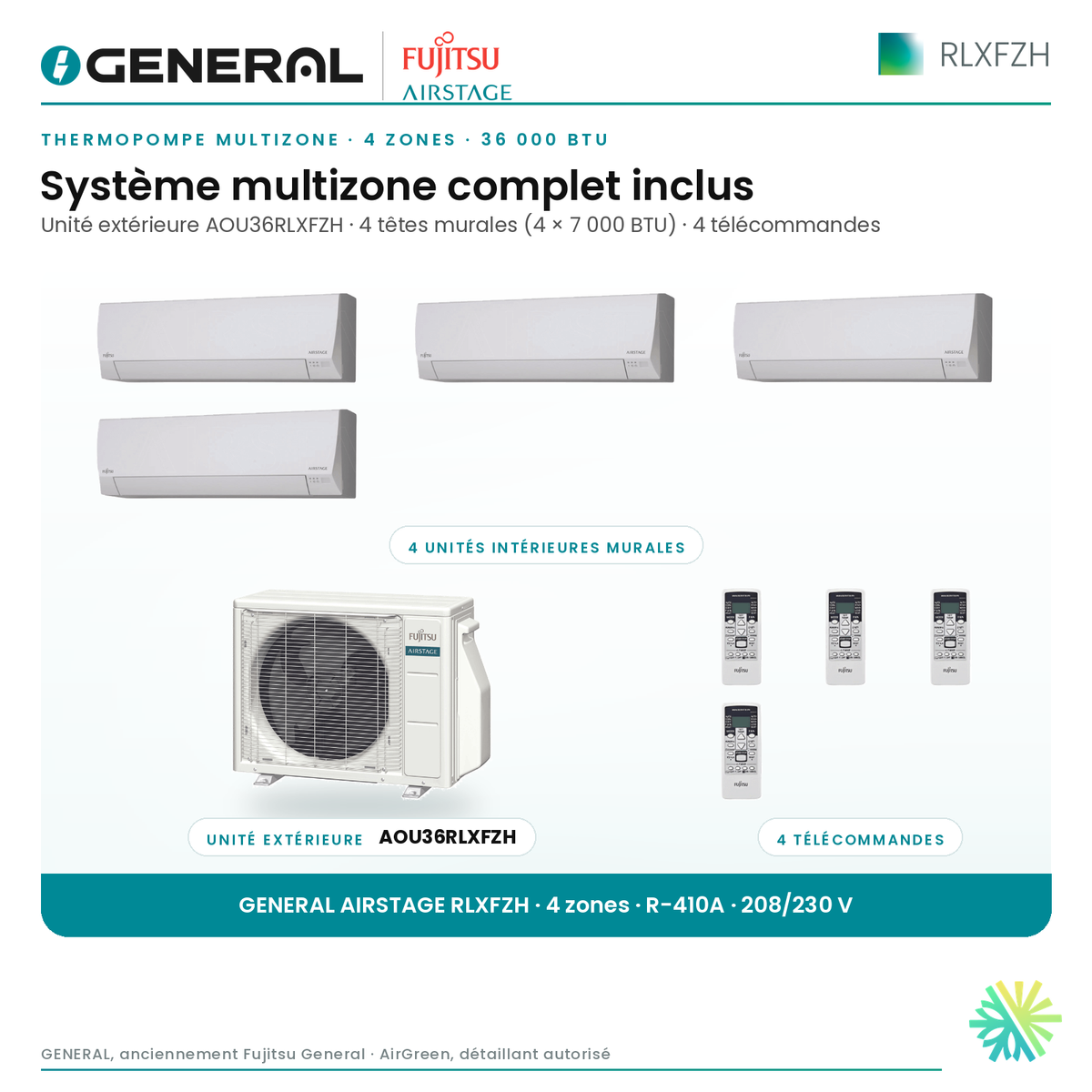 Thermopompe multizone GENERAL AIRSTAGE RLXFZH 4 zones 36 000 BTU – système multizone complet inclus (têtes murales, unité extérieure, télécommandes) | Montréal, Laval, Longueuil, Rive-Sud, Rive-Nord