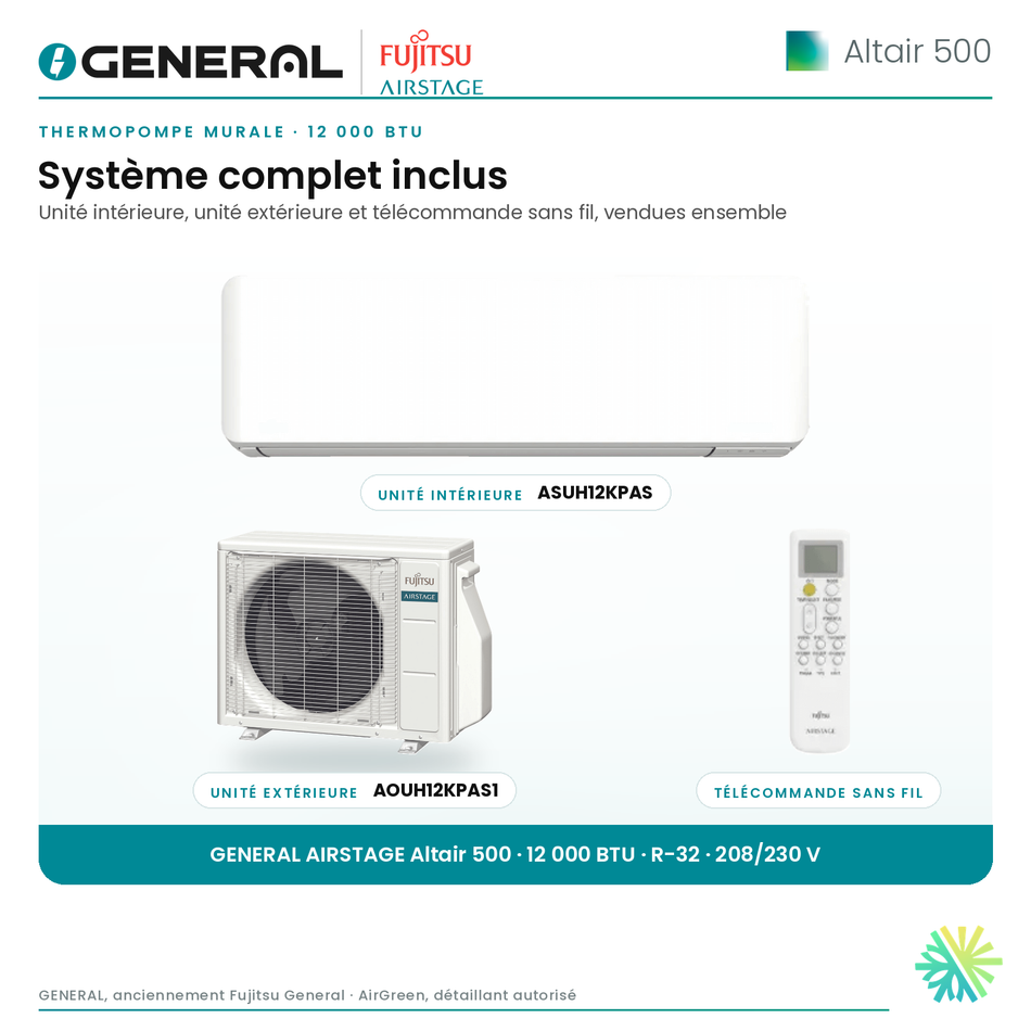 Thermopompe murale GENERAL AIRSTAGE ALTAIR 500 12 000 BTU – système complet inclus (unité intérieure, unité extérieure, télécommande) | Montréal, Laval, Longueuil, Rive-Sud, Rive-Nord