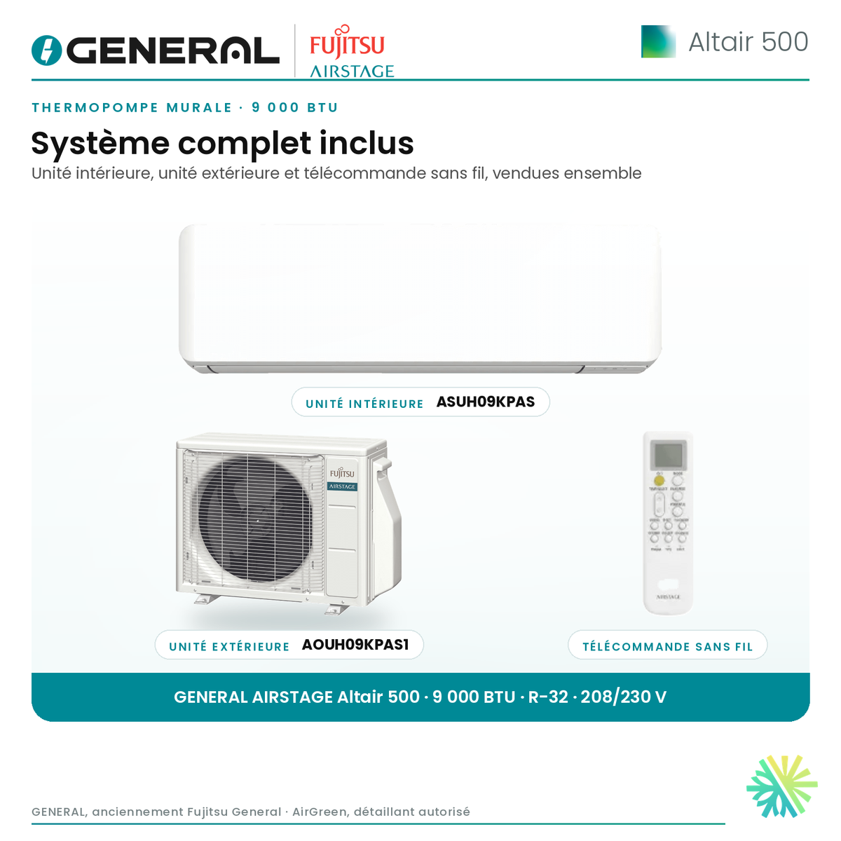 Thermopompe murale GENERAL AIRSTAGE ALTAIR 500 9 000 BTU – système complet inclus (unité intérieure, unité extérieure, télécommande) | Montréal, Laval, Longueuil, Rive-Sud, Rive-Nord