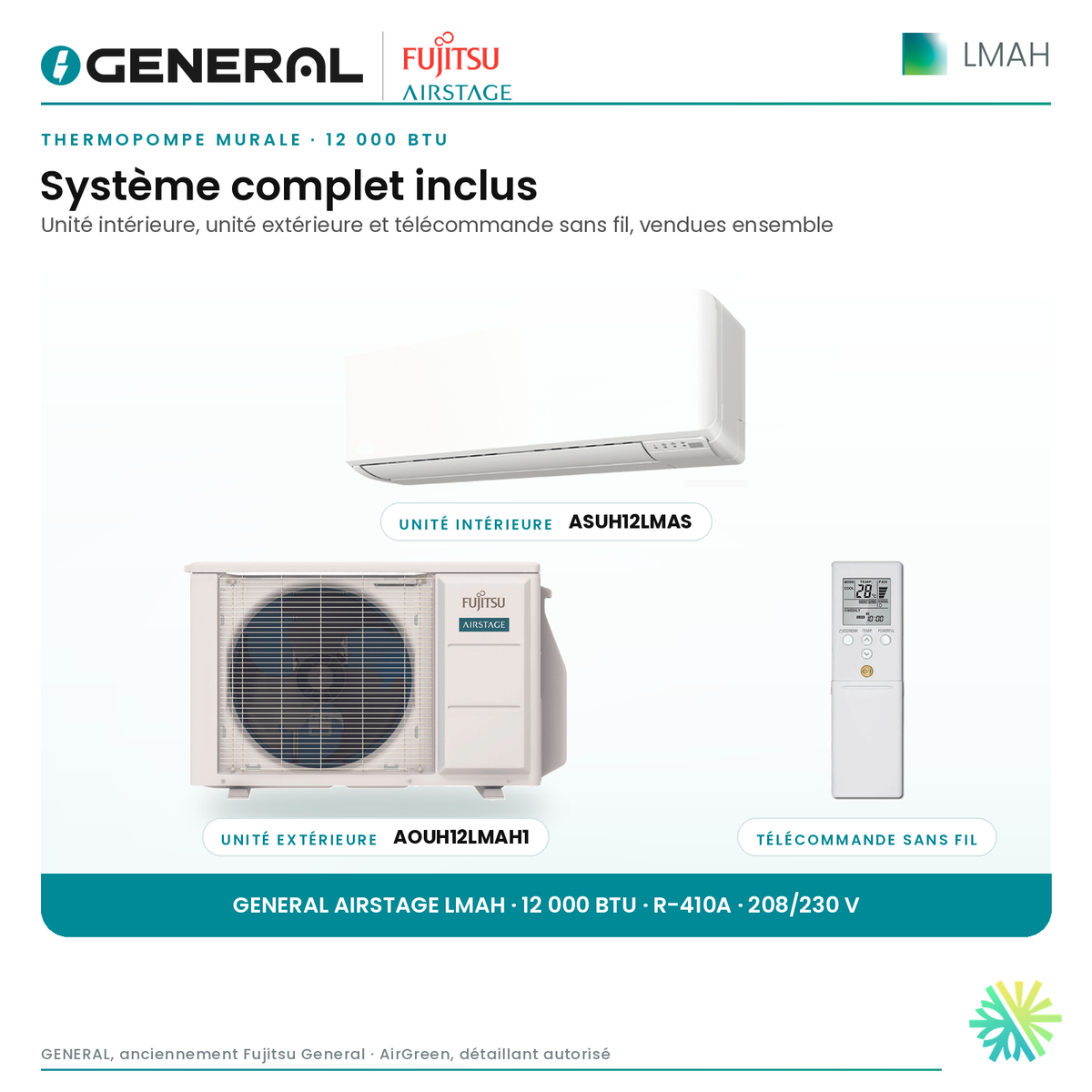 Thermopompe murale GENERAL AIRSTAGE LMAH 12 000 BTU – système complet inclus (unité intérieure, unité extérieure, télécommande) | Montréal, Laval, Longueuil, Rive-Sud, Rive-Nord