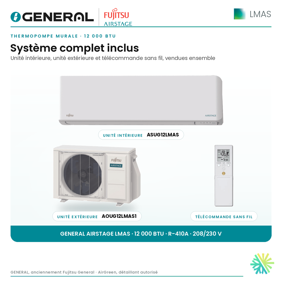 Thermopompe murale GENERAL AIRSTAGE LMAS 12 000 BTU – système complet inclus (unité intérieure, unité extérieure, télécommande) | Montréal, Laval, Longueuil, Rive-Sud, Rive-Nord