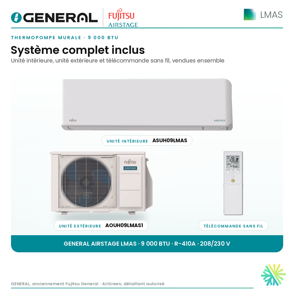 Thermopompe murale GENERAL AIRSTAGE LMAS 9 000 BTU – système complet inclus (unité intérieure, unité extérieure, télécommande) | Montréal, Laval, Longueuil, Rive-Sud, Rive-Nord