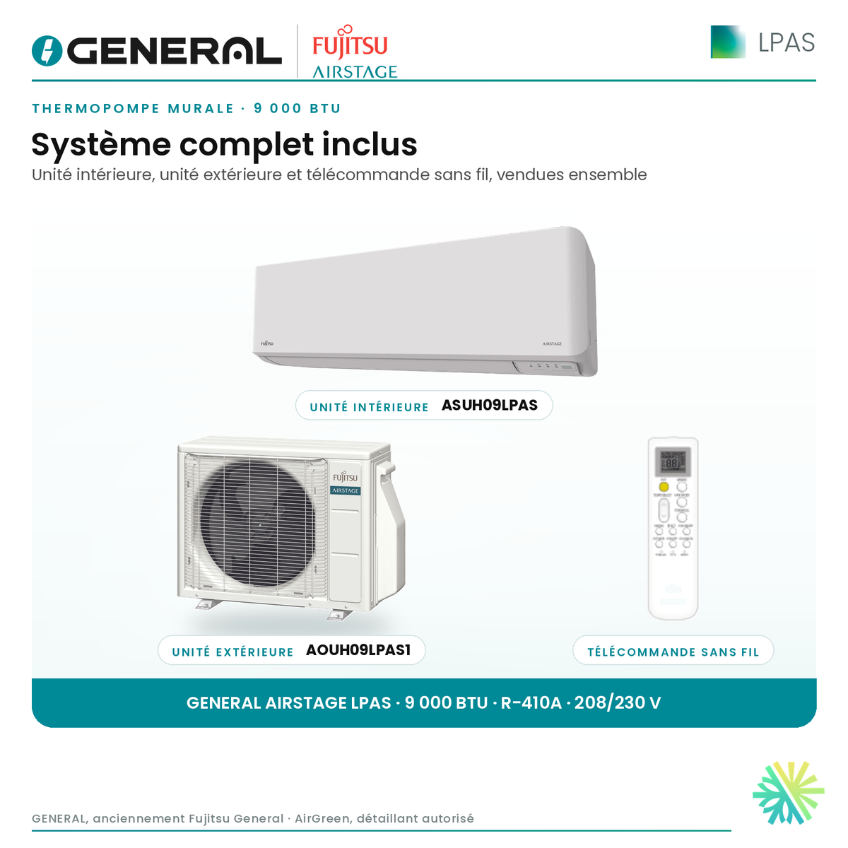 Thermopompe murale GENERAL AIRSTAGE LPAS 9 000 BTU – système complet inclus (unité intérieure, unité extérieure, télécommande) | Montréal, Laval, Longueuil, Rive-Sud, Rive-Nord