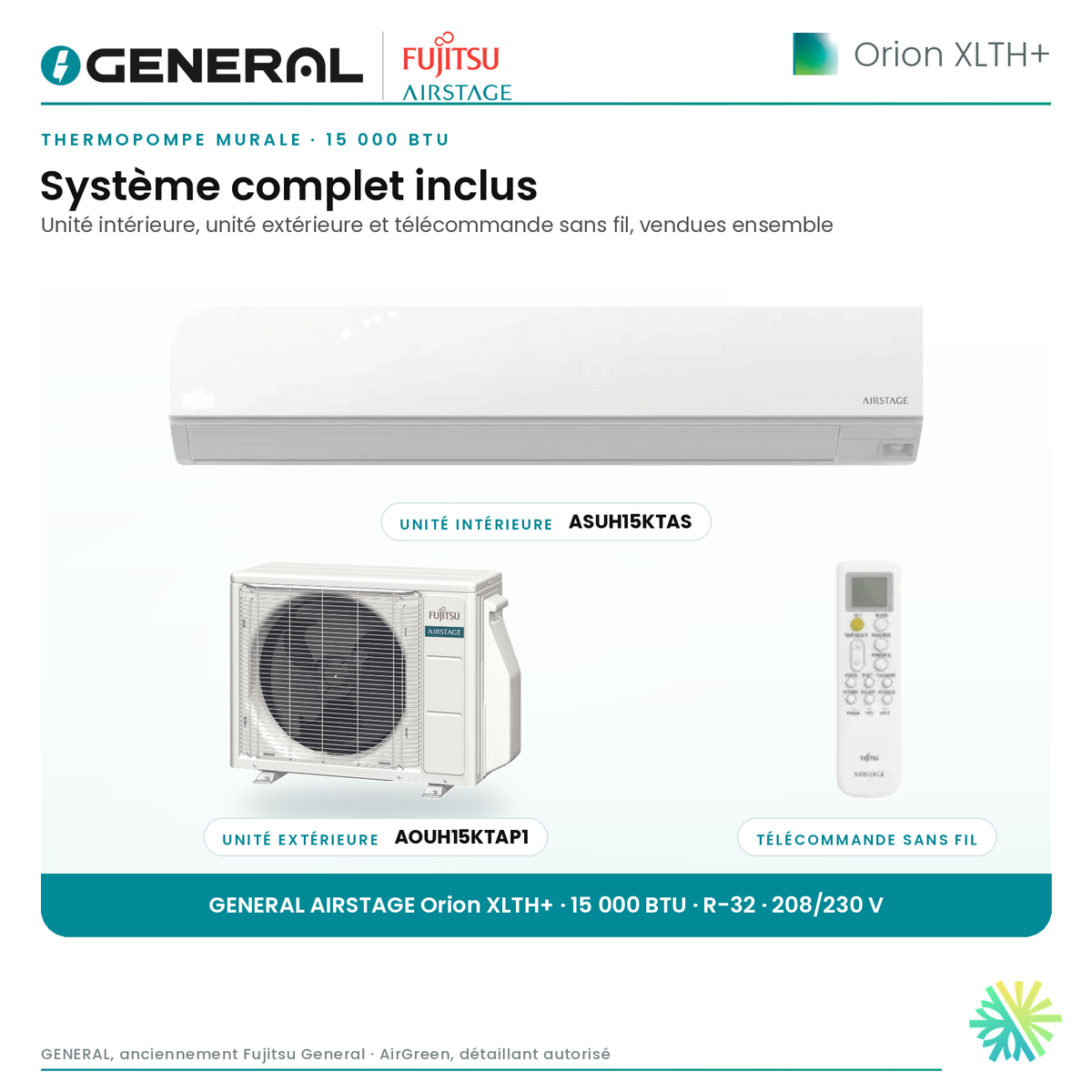 Thermopompe murale GENERAL AIRSTAGE ORION XLTH+ 15 000 BTU – système complet inclus (unité intérieure, unité extérieure, télécommande) | Montréal, Laval, Longueuil, Rive-Sud, Rive-Nord