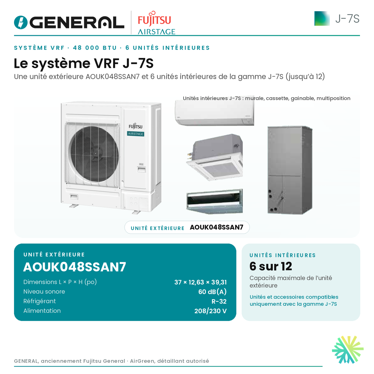 Système VRF GENERAL AIRSTAGE J-7S 48 000 BTU, 6 unités intérieures – le système J-7S (unité extérieure et unités intérieures) | Montréal, Laval, Longueuil, Rive-Sud, Rive-Nord