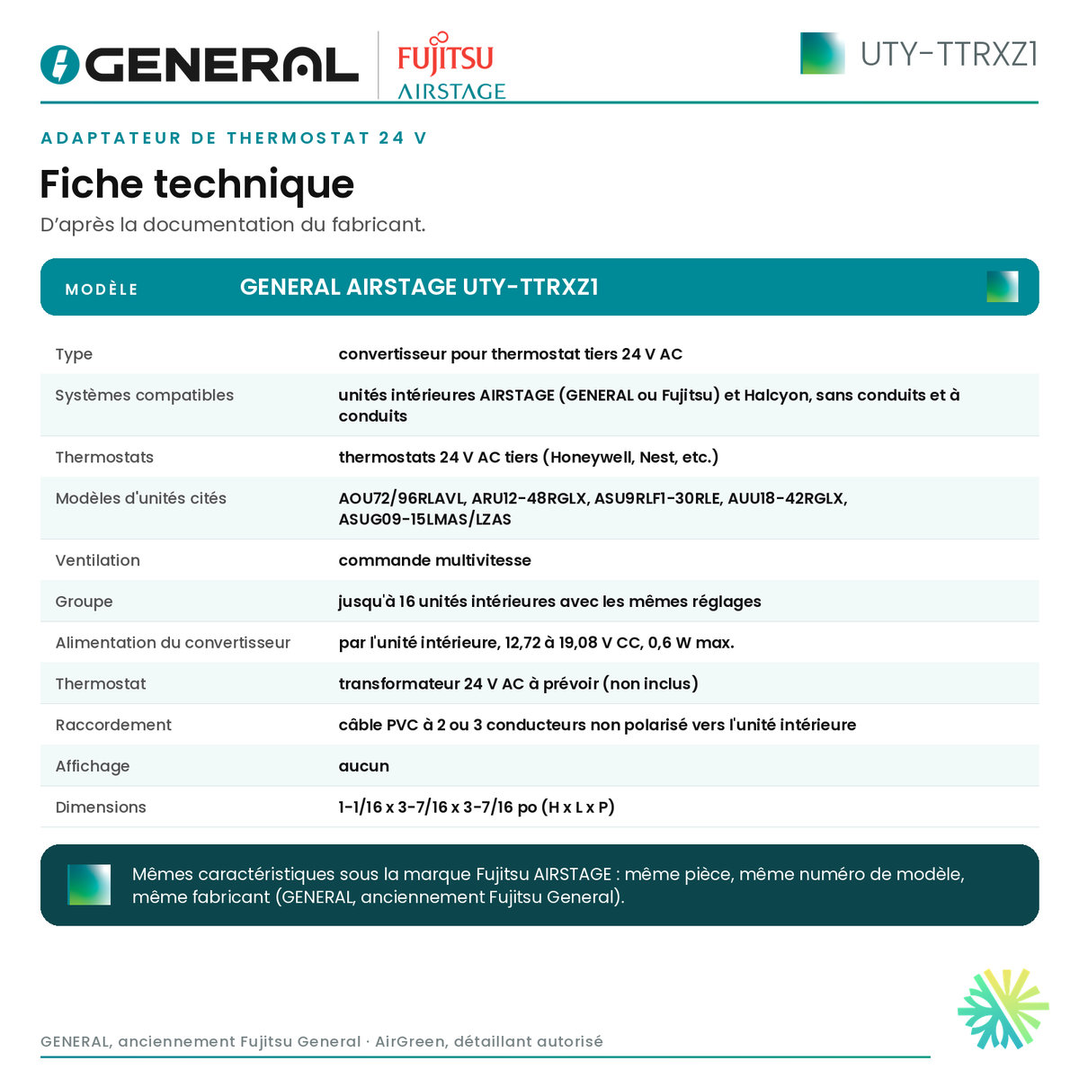 Adaptateur de thermostat 24 V GENERAL AIRSTAGE UTY-TTRXZ1 – fiche technique | Montréal, Laval, Longueuil, Rive-Sud, Rive-Nord