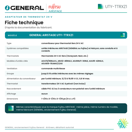 Adaptateur de thermostat 24 V GENERAL AIRSTAGE UTY-TTRXZ1 – fiche technique | Montréal, Laval, Longueuil, Rive-Sud, Rive-Nord