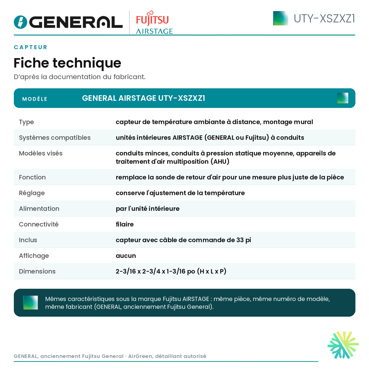 Capteur GENERAL AIRSTAGE UTY-XSZXZ1 – fiche technique | Montréal, Laval, Longueuil, Rive-Sud, Rive-Nord