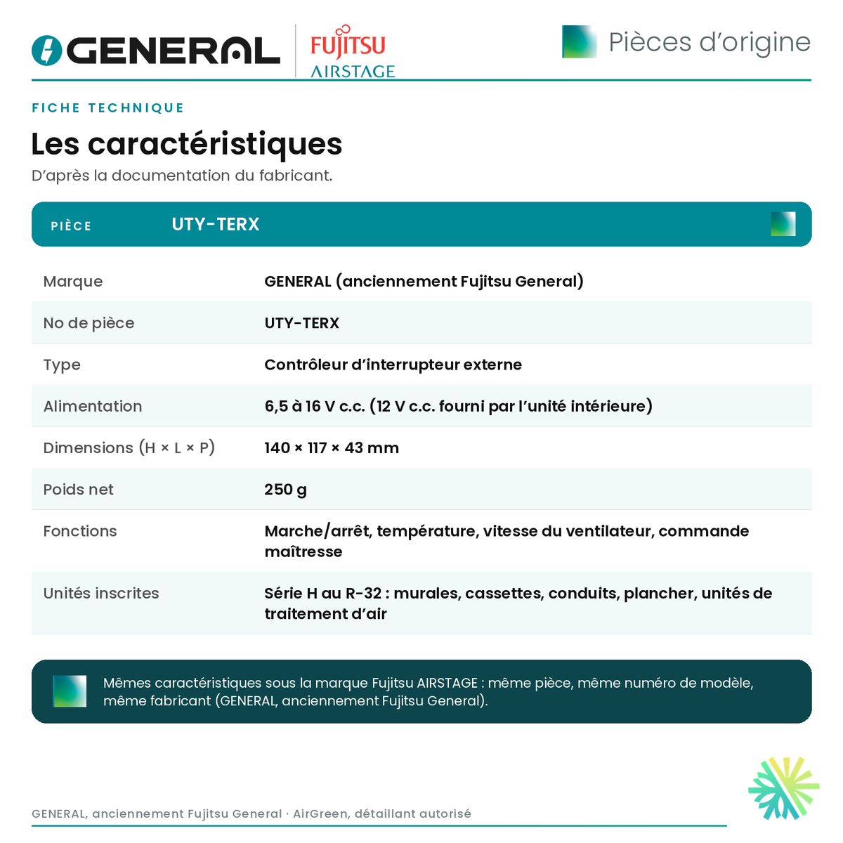 Contrôleur d’interrupteur externe GENERAL AIRSTAGE UTY-TERX – fiche technique | Montréal, Laval, Longueuil, Rive-Sud, Rive-Nord